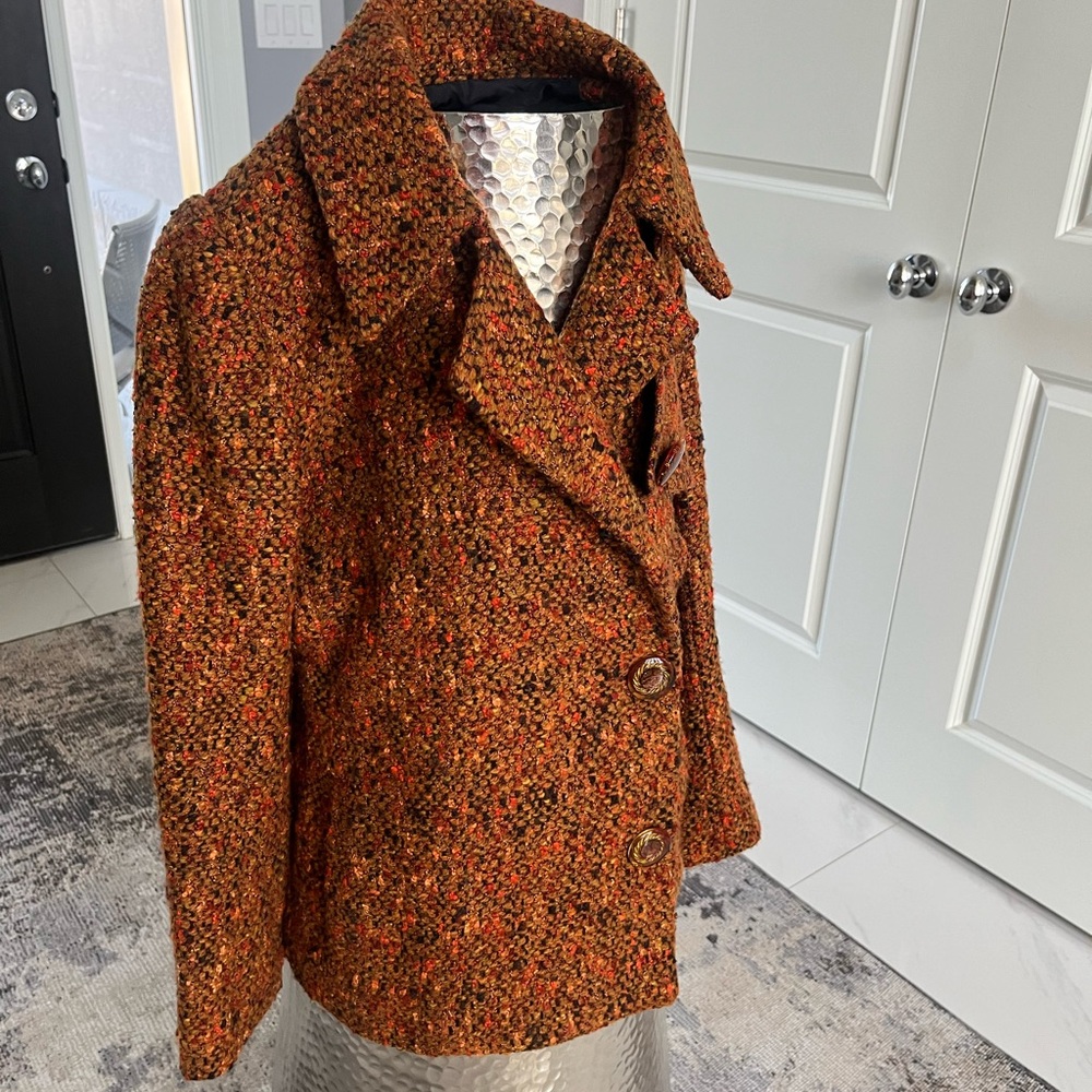 Womens Textured Orange Tweed Peacoat Jacket